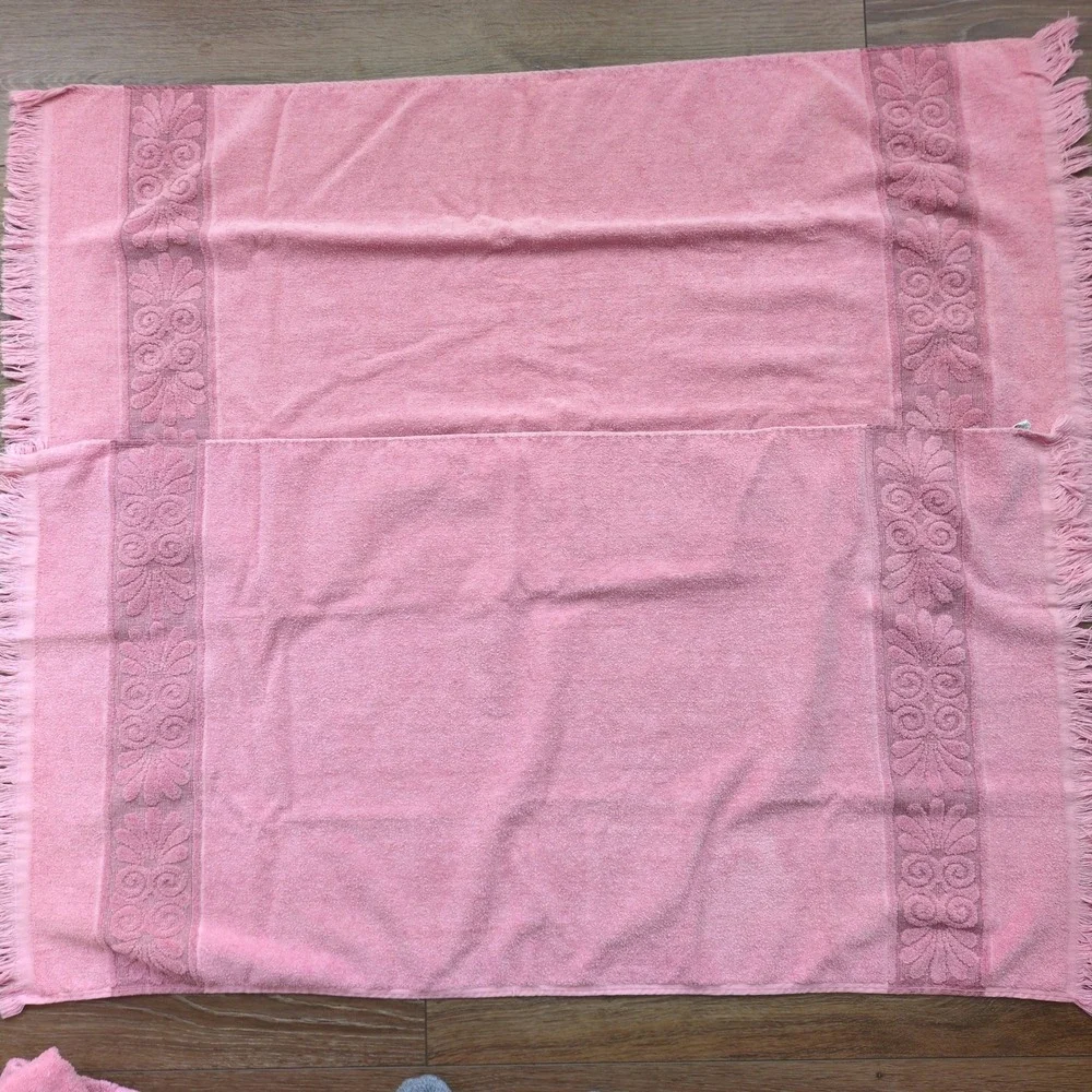 Vtg Cannon Monticello Towel Set Pink Santa Cruz Carved Floral Fringed Set of 6